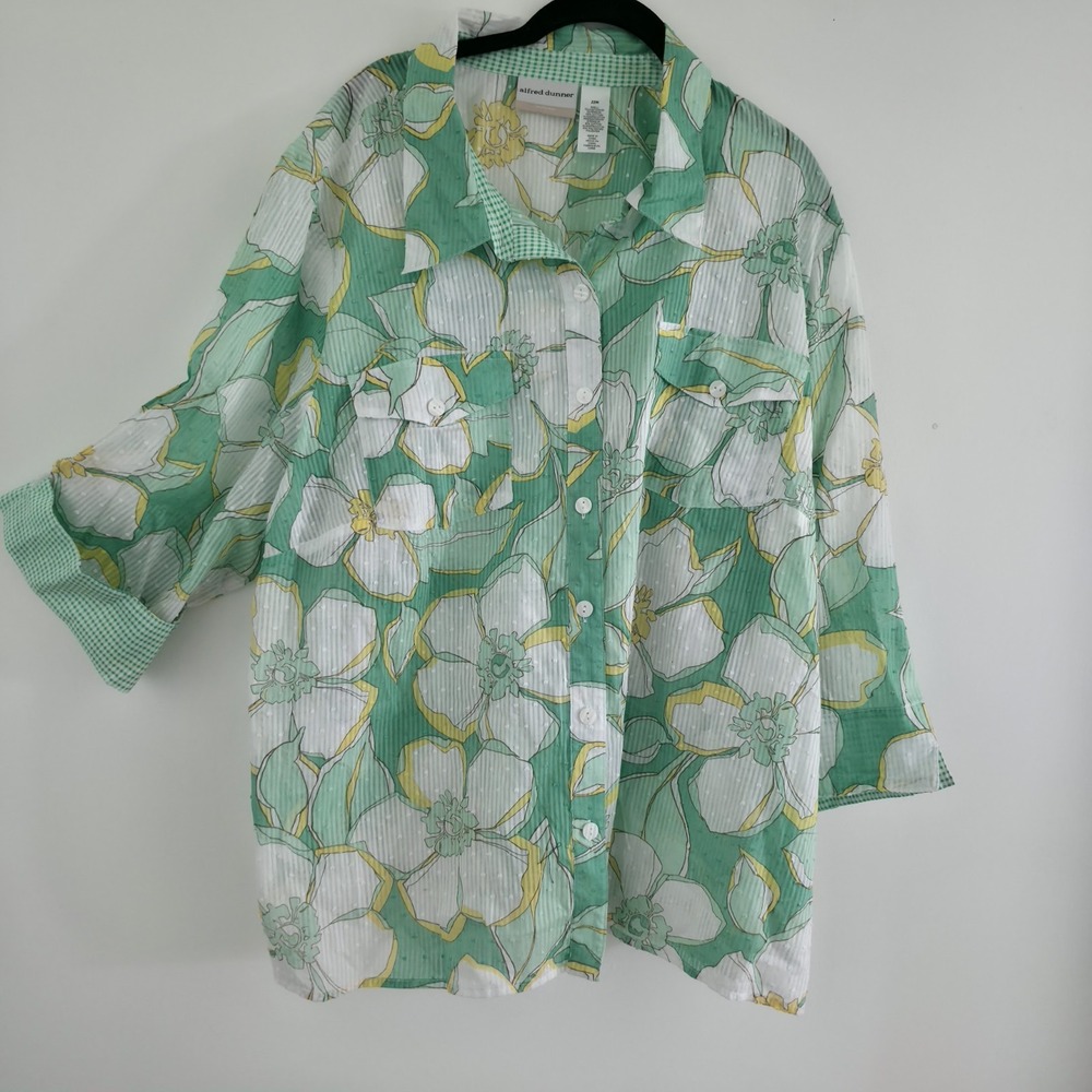 Alfred Dunner Top Womens Plus Size 2X Green White Floral Button Up 3/4 Sleeve